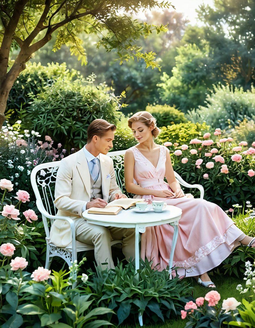 An elegant vintage illustration depicting a serene couple in a lush garden, discussing intimate health topics amidst blooming flowers and soft sunlight. The scene should evoke warmth and understanding, with subtle whispers of modernity through their attire and surroundings. Include elements like a vintage tea set and an open book that symbolizes knowledge in sexual health. The overall composition should feel romantic and hopeful. watercolor style. pastel colors. soft focus.