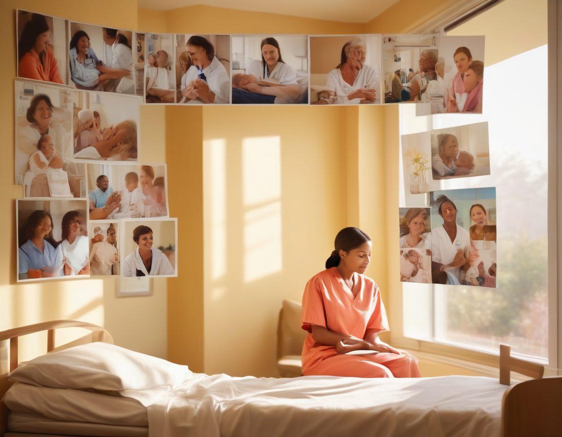 A serene hospital room with a patient sitting on a bed, surrounded by supportive family members and friends, sharing encouraging conversations. Soft sunlight filters through the window, illuminating a collage of photographs showcasing memories and achievements. A cheerful nurse enters, adding warmth to the atmosphere, symbolizing professional care and camaraderie. The overall scene conveys hope, connection, and resilience in the face of oncology challenges. super-realistic. warm colors. soft lighting. vibrant details.