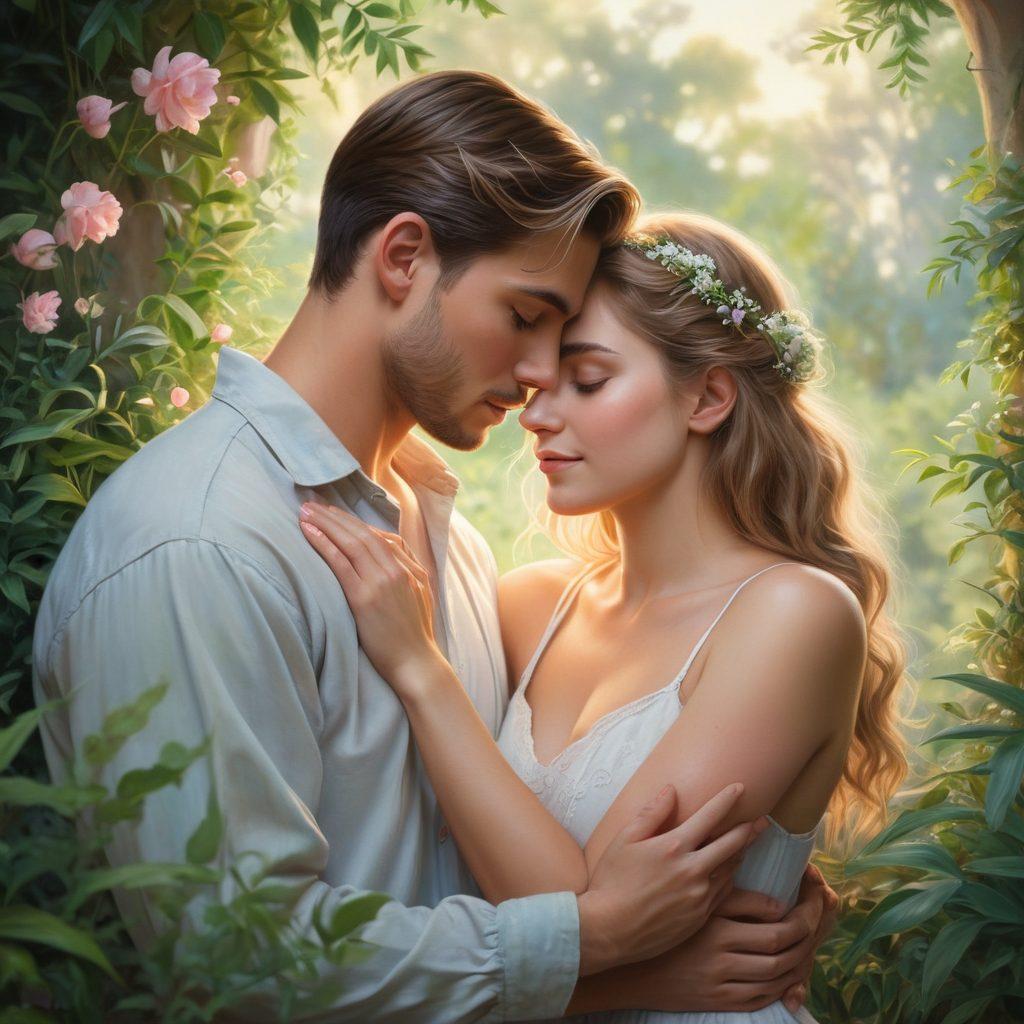 A serene scene depicting a couple sharing an intimate moment, surrounded by soft lighting and lush greenery, symbolizing love and support through hardship. Include subtle elements representing sexual health, like floral motifs or gentle heart shapes in the background. Emphasize warmth and connection, highlighting their expressions of understanding and care. super-realistic. soft pastel colors. natural setting.